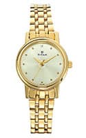 Titan Quartz Analog Champagne Round Dial Golden Stainless Steel Strap Watch For Women (2593YM01)
