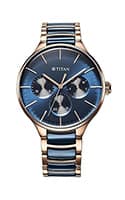Titan Ceramic Fusion Quartz Multifunction Blue Dial With Two Toned Color Stainless Steel Strap Watch For Men (90148KD04)