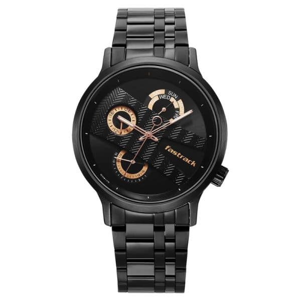 Fastrack NS3301NM01 Exuberant Quartz Multifunction Black Dial Stainless Steel Strap Watch for Guys