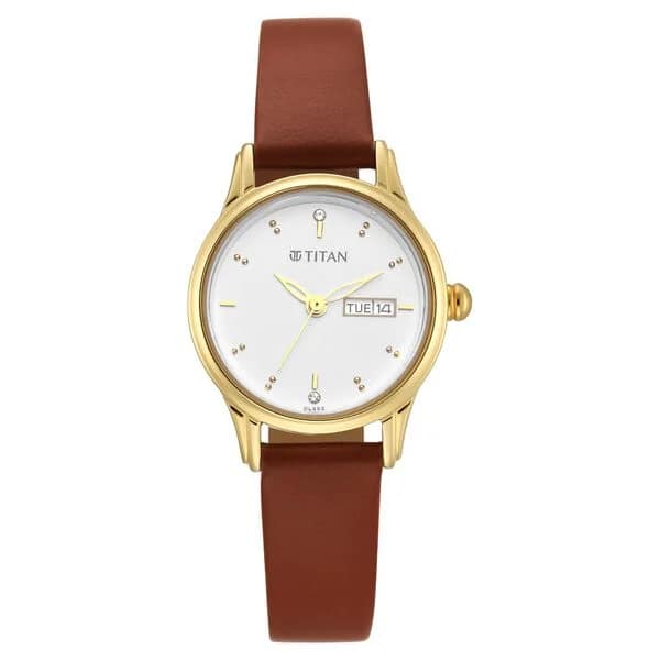 Titan NS2656YL01 Lagan White Dial Day and Date Leather Strap Watch
