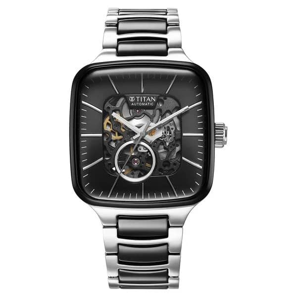 Titan 90175KD01 Ceramic Fusion Automatic Square Black Dial Silver Dual-Toned Stainless Steel Bracelet Watch