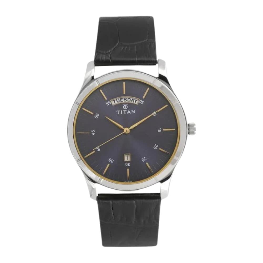 Titan Workwear Blue Dial Analog with Day and Date Leather Strap watch for Men (1767SL03)