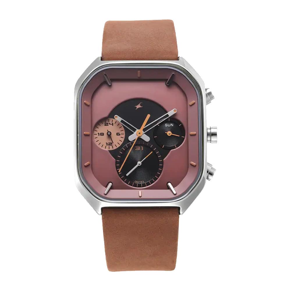 Fastrack 3270SL01 After Dark Quartz Analog with Day and Date Brown Dial Leather Strap Watch for Guys