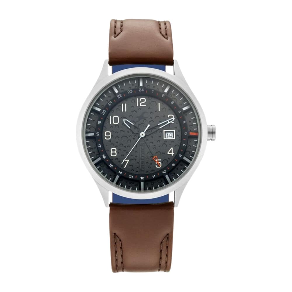 Fastrack Titanium Quartz Analog with Date Grey Dial Leather Strap Watch for Guys NN3205TL01
