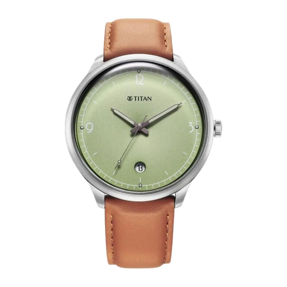 Titan Timeless Treasures Quartz Analog with Date Green Dial With Brown Color Leather Strap Watch For Men 10023SL01