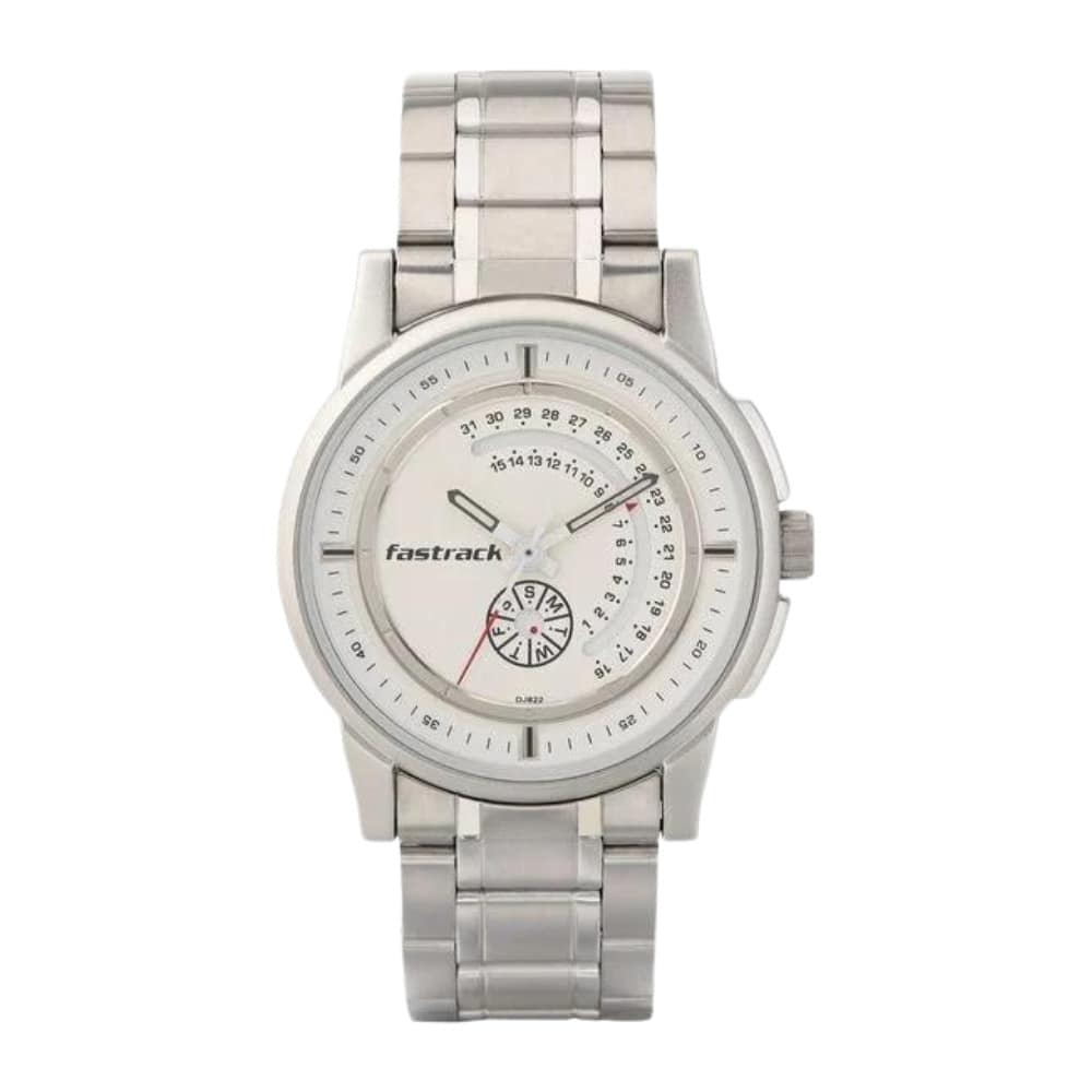 Fastrack Go Skate Quartz Analog with Day and Date White Dial Stainless Steel Strap Watch for Guys NS3215SM01