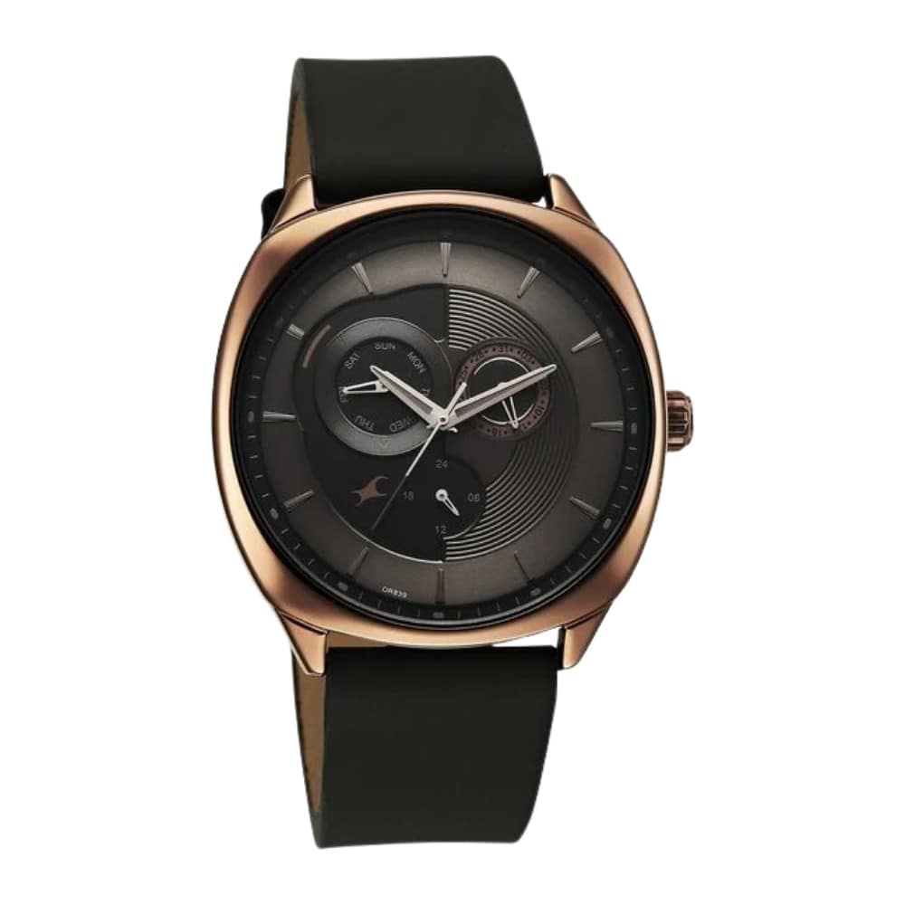 Fastrack Tik Tok Quartz Multifunction Black Dial Leather Strap Watch For Guys 3330QL01