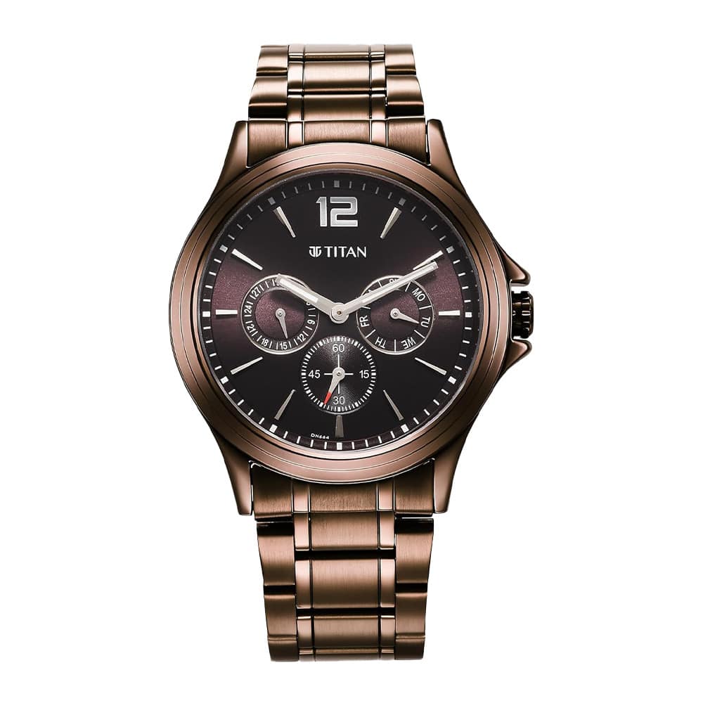 Titan Neo Splash Quartz Multifunction Brown Dial Stainless Steel Strap Watch for Men 1698QM02