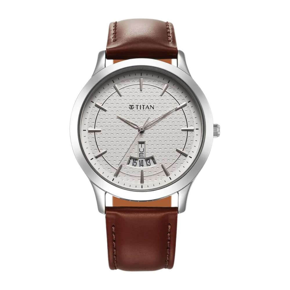 Titan Karishma Quartz Analog Silver Dial Leather Strap Watch for Men 1825SL15