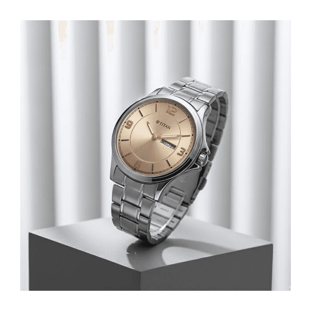 Titan Neo Arabic Analog with Day Date Beige Dial Silver Stainless Steel Strap Watch for Men 1870SM06