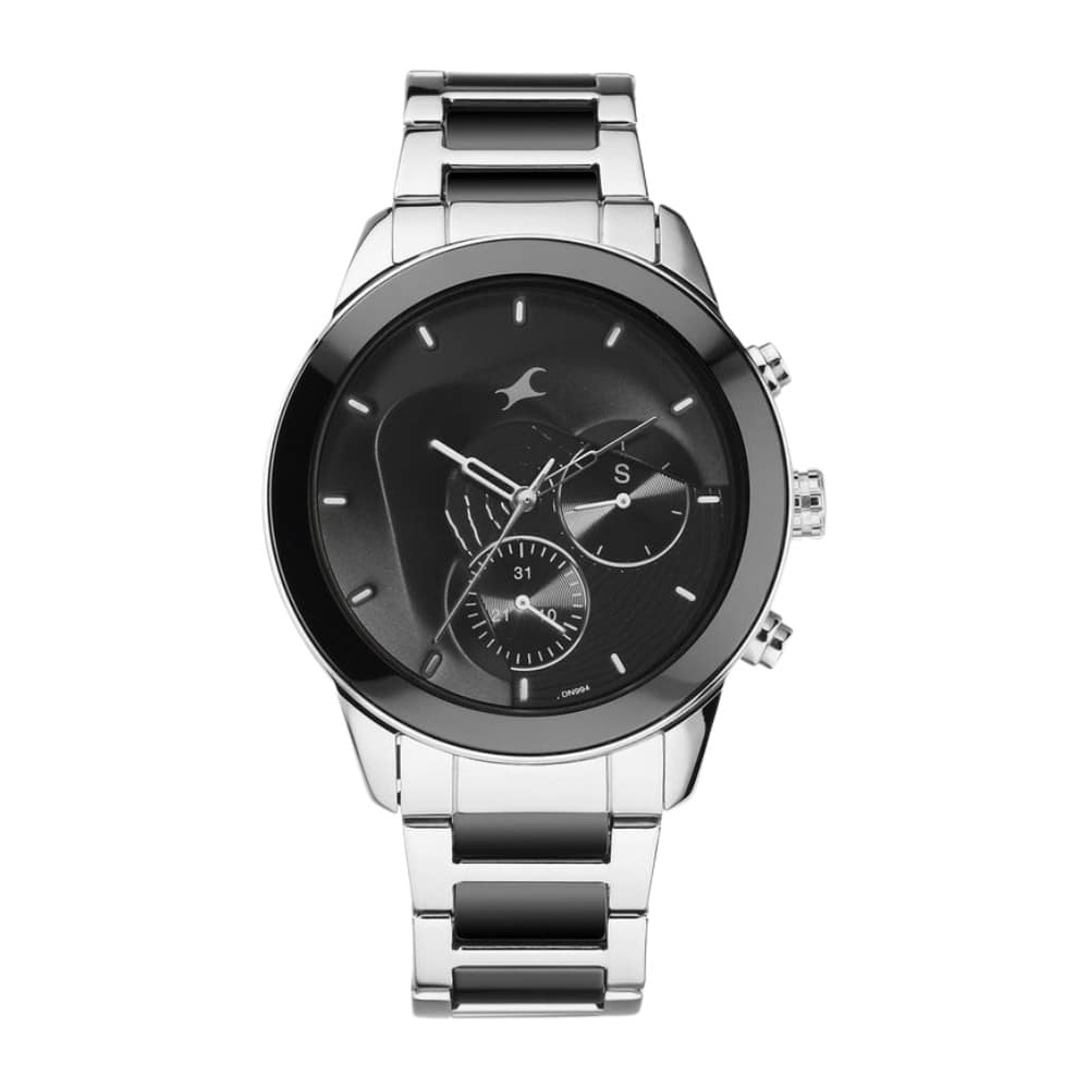 Fastrack Cerame Quartz Multifunction Black Dial Steel & Ceramic Strap Watch for Guys 3304KD01