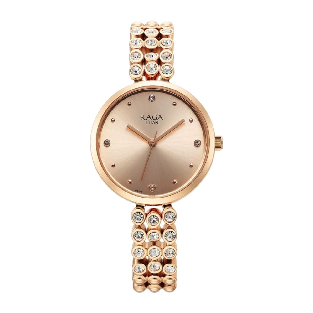 Titan Raga Showstopper Quartz Analog Rose Gold Dial Metal Strap Watch for Women 95262WM01