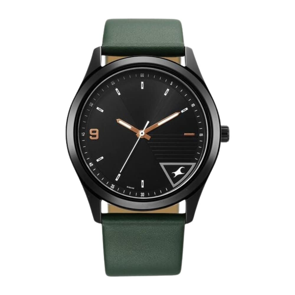 Fastrack Stunners Quartz Analog Black Dial Green Leather Strap Watch For Guys 3317NL01