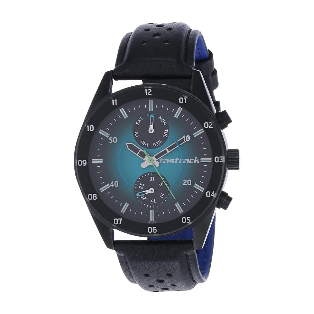 Fastrack Space Rover Quartz Multifunction Blue Dial Leather Strap Watch for Guys NP3201NL01
