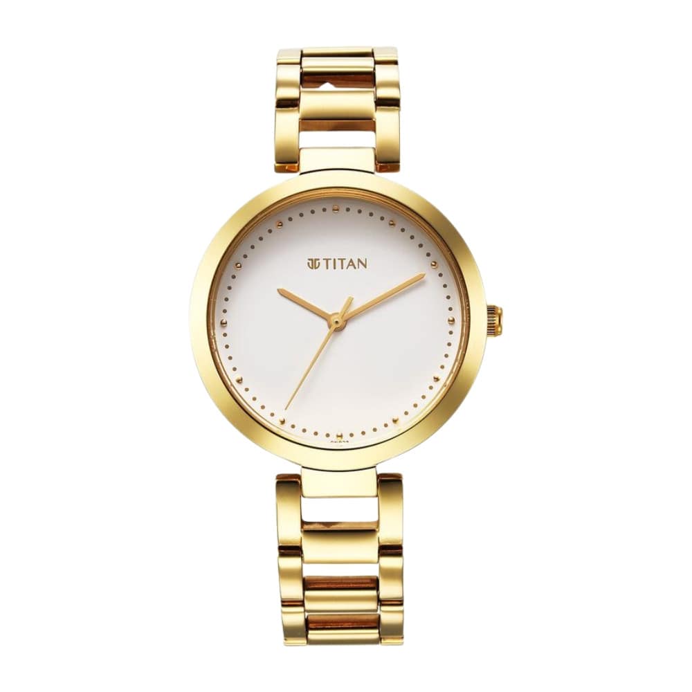Titan Workwear Quartz Analog White Dial Golden Stainless Steel Strap Watch for Women 2480YM03