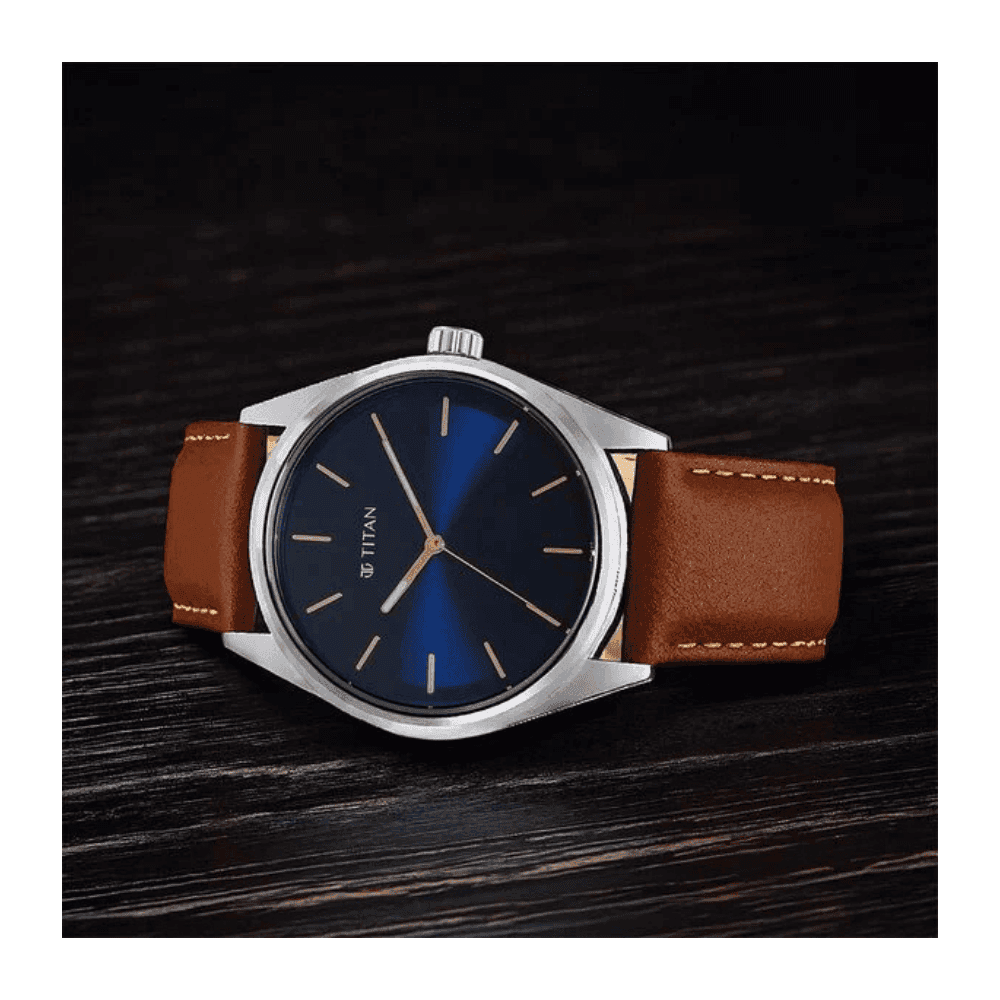 Titan Quartz Analog Blue Dial Leather Strap Watch for Men 1866SL01