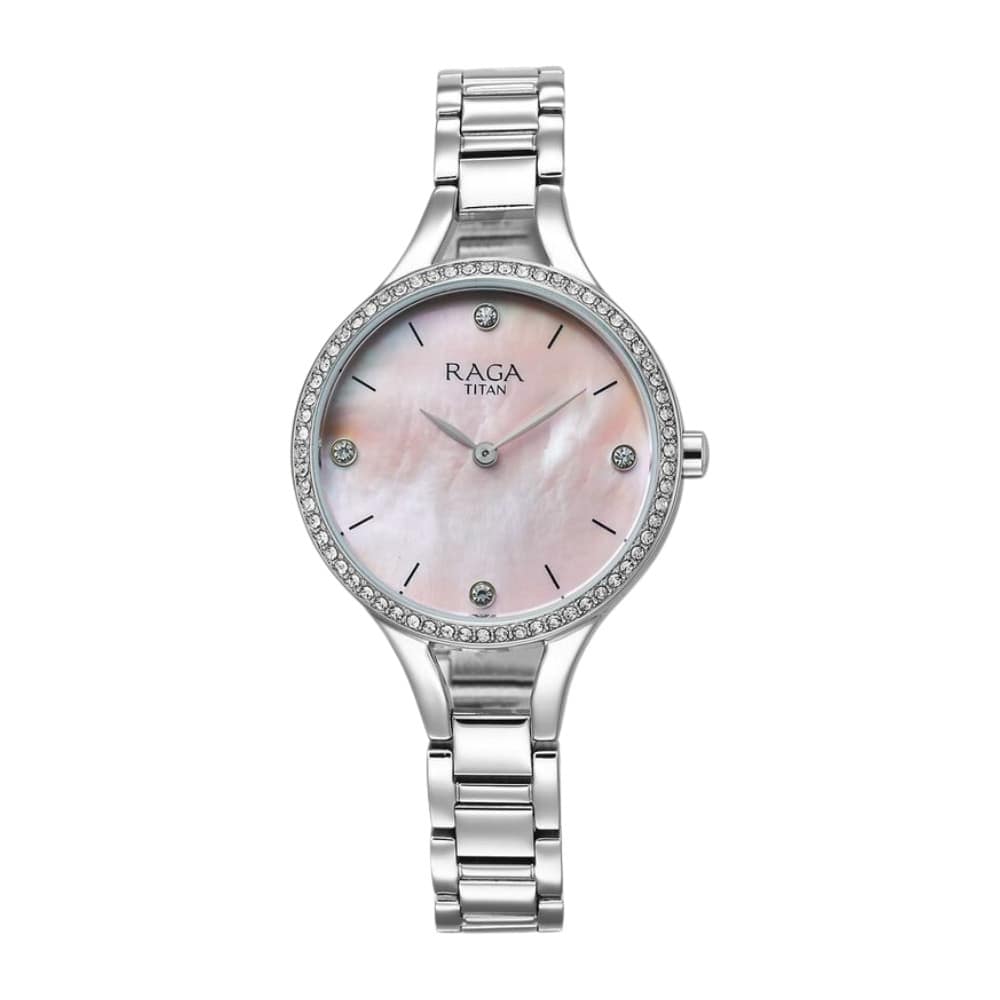 Titan Raga Showstopper Quartz Analog Mother Of Pearl Dial Metal Strap Watch for Women 95275SM01