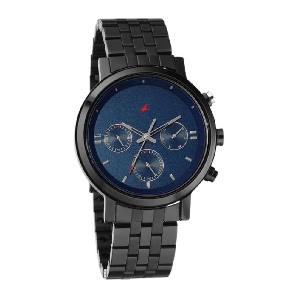 Fastrack Tick Tock Quartz Analog Blue dial Metal Strap Watch for Guys (3287KM03)