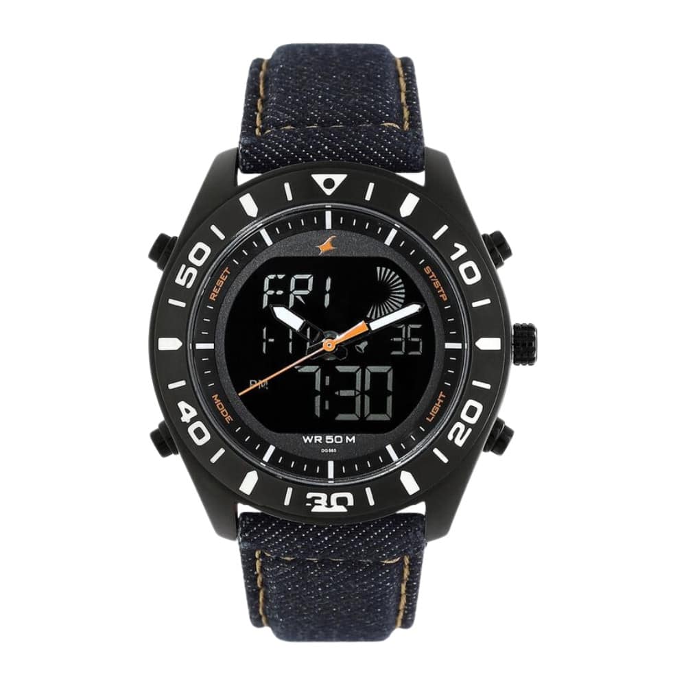 Fastrack Denim Quartz Analog Digital Black Dial Denim Strap Watch for Guys NP38034NL01