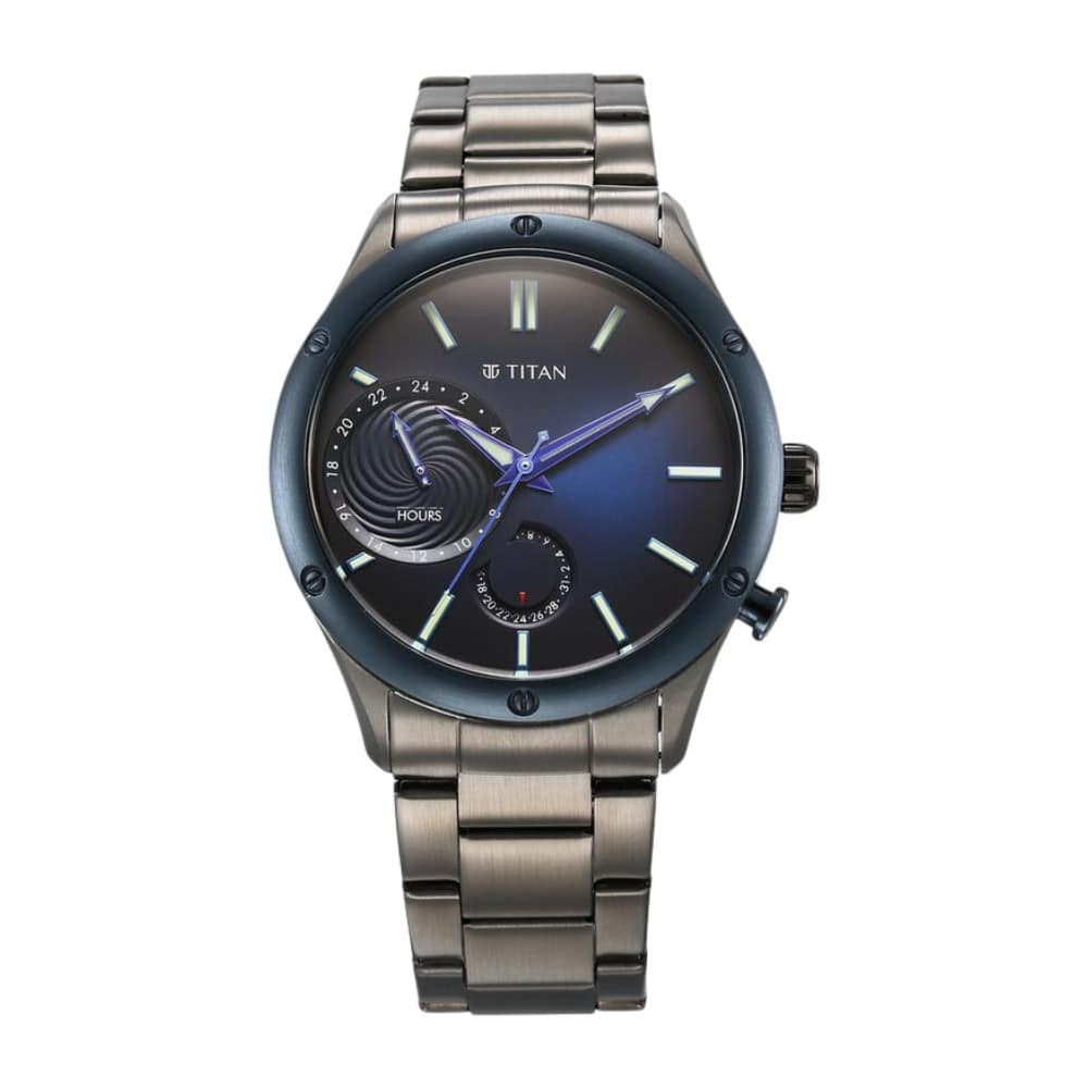 Titan Stellar Quartz Multifunction Blue Dial Stainless Steel Strap Watch for Men 10009KM01