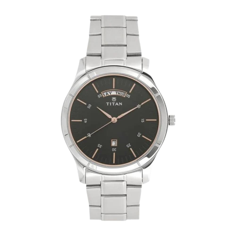 Titan Workwear Black Dial Analog with Day and Date Stainless Steel Strap watch for Men (1767SM02)