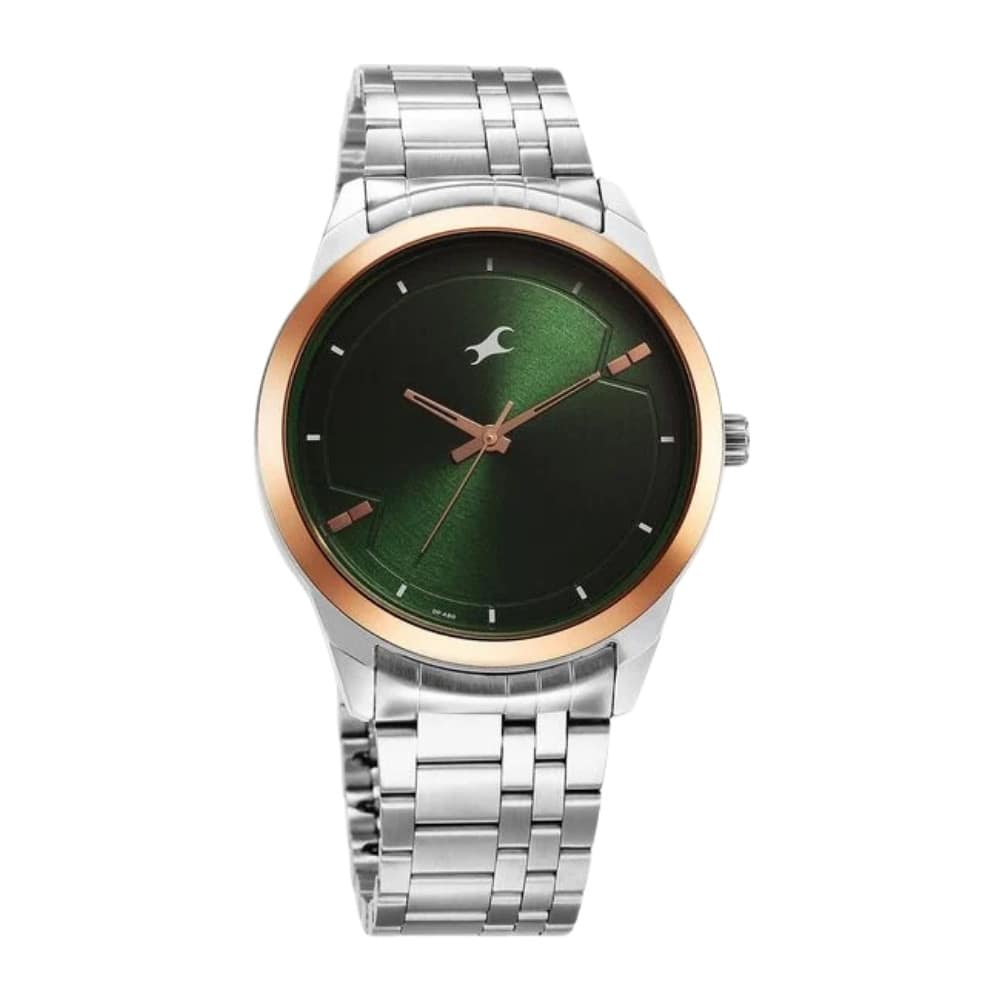 Fastrack Stunners Quartz Analog Green Dial Metal Strap Watch for Guys 3308KM03