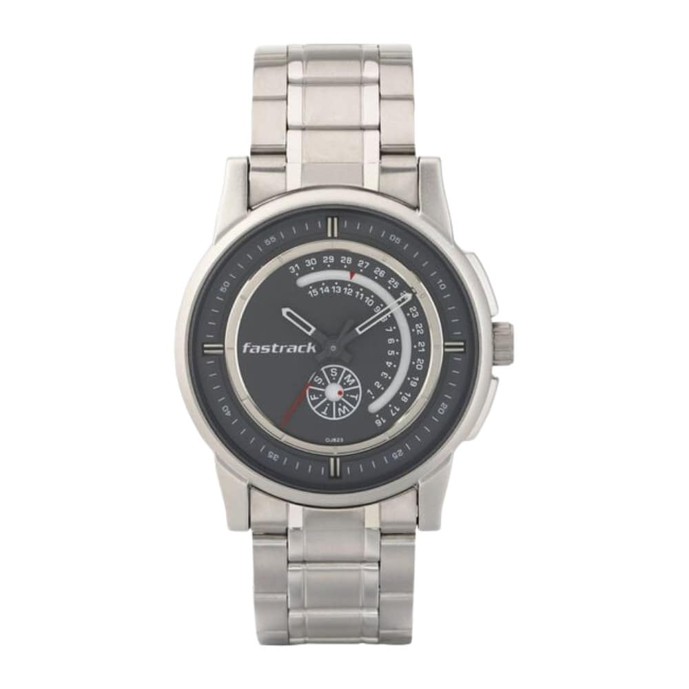 Fastrack Go Skate Quartz Analog with Day and Date Grey Dial Stainless Steel Strap Watch for Guys NS3215SM02