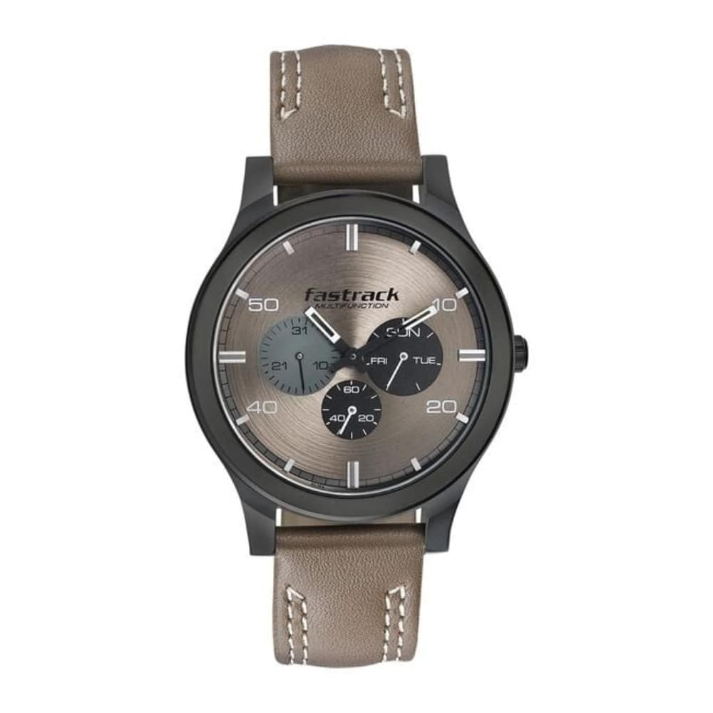 Fastrack Dial It Up Quartz Multifunction Beige Dial Leather Strap Watch for Guys NS3252NL01