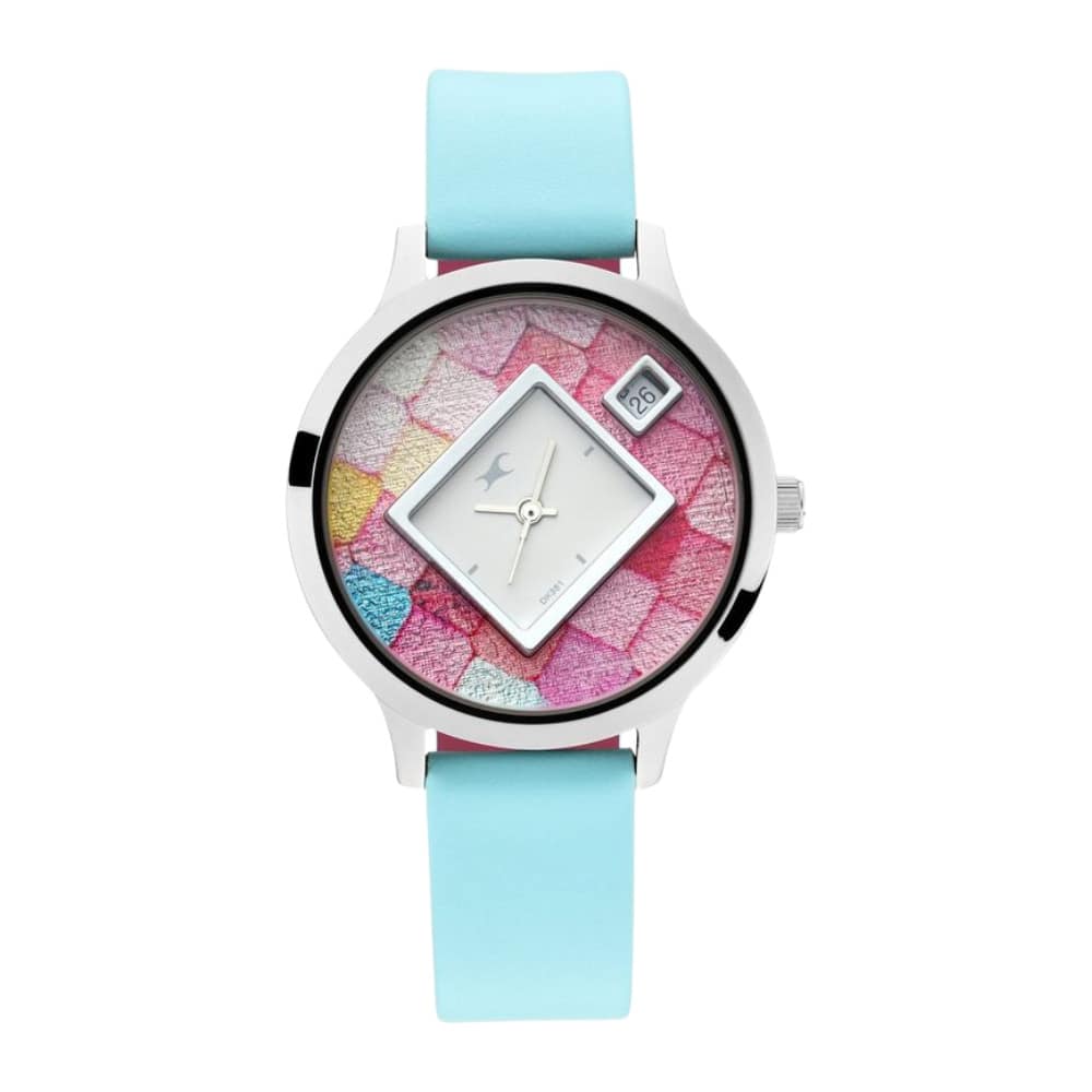 Fastrack Fit Outs Quartz Analog with Date Multicoloured Dial Leather Strap Watch for Girls NR6210SL01