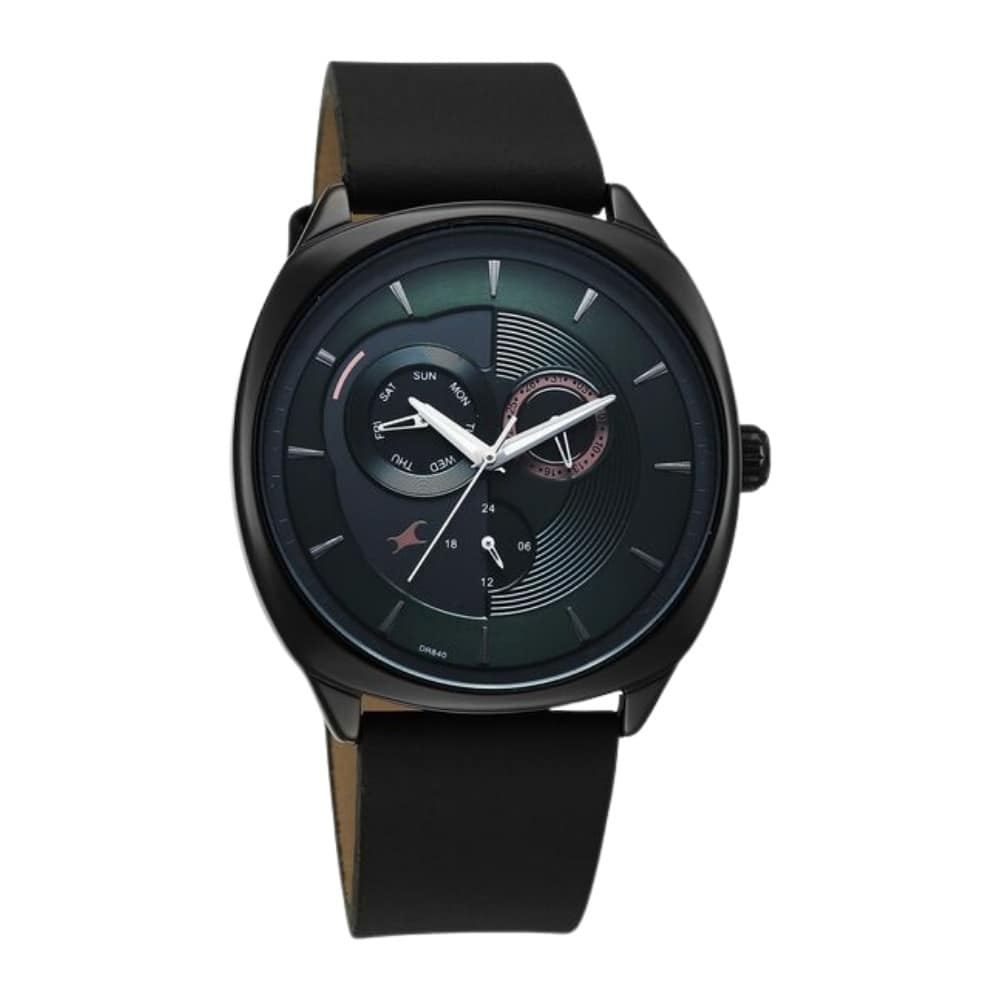 Fastrack Tik Tok Quartz Multifunction Green Dial Leather Strap Watch For Guys 3330NL01