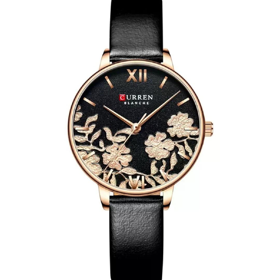 Curren 9065 Leather Watch for Women - Black