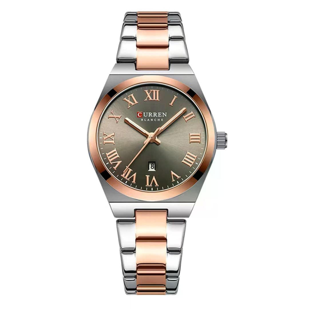 Curren 9095 Latest Model Creative Steel Women’s Fashion Watch- Ash & Rose Gold