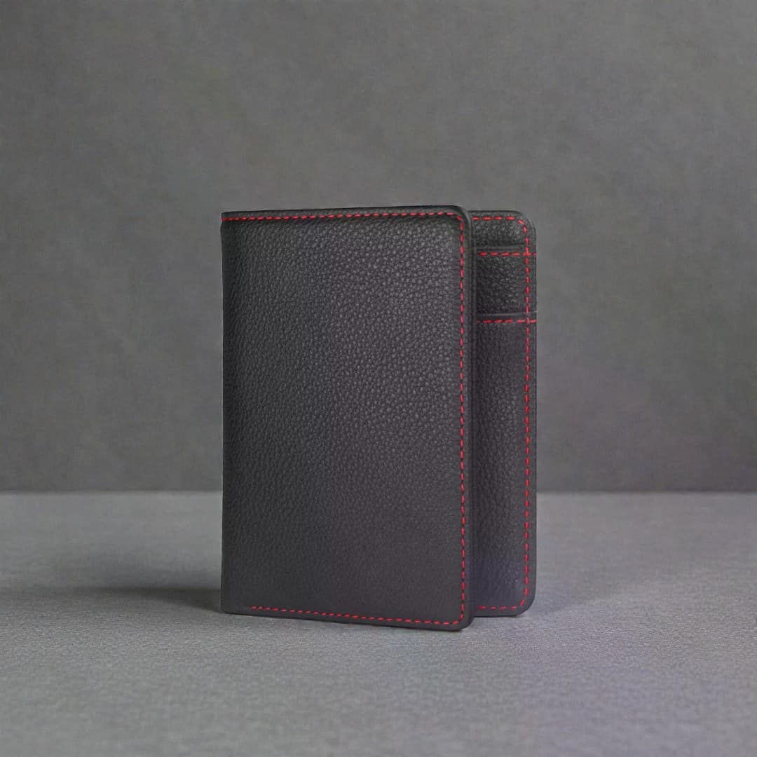 Zays Premium Handcrafted Slim Bifold Leather Short Wallet for unisex - Personalized Top-Grain Leather Wallet - Compact Durable Stylish - ZSW124-Black Red Suta
