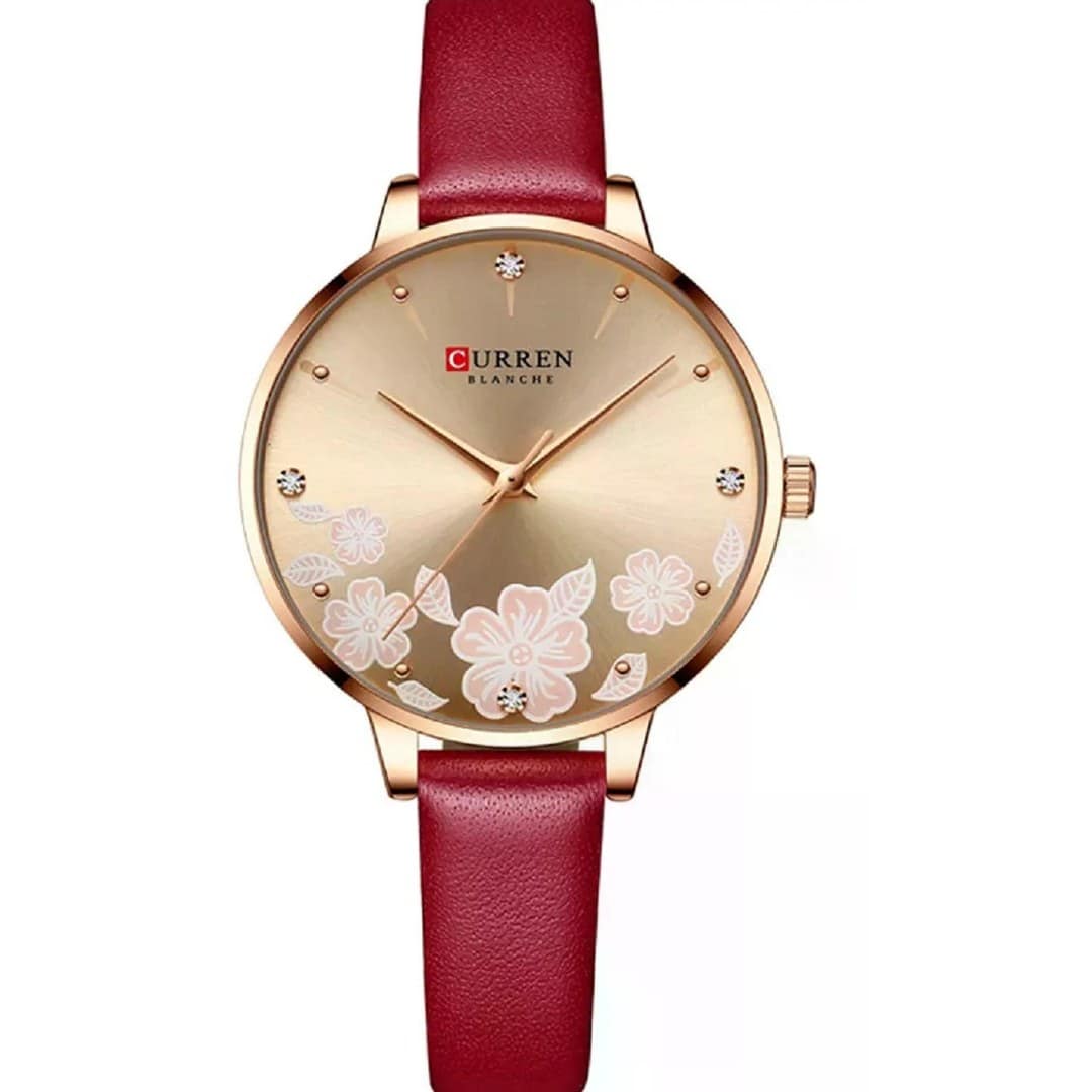 Curren 9068 Luxury Leather Strap Ladies Watch - Red