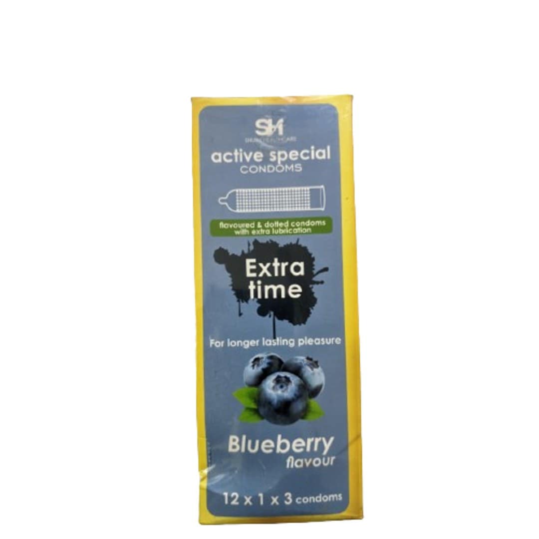 Active Condoms - Blueberry Flavor Condom - Full Box - 3X12=36Pcs Condom