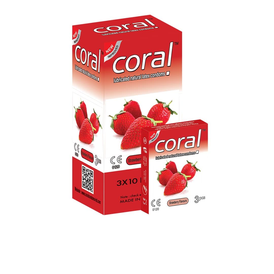 Coral Strawberry Flavors Lubricated Natural Latex Condoms Full Box (30 Pcs)