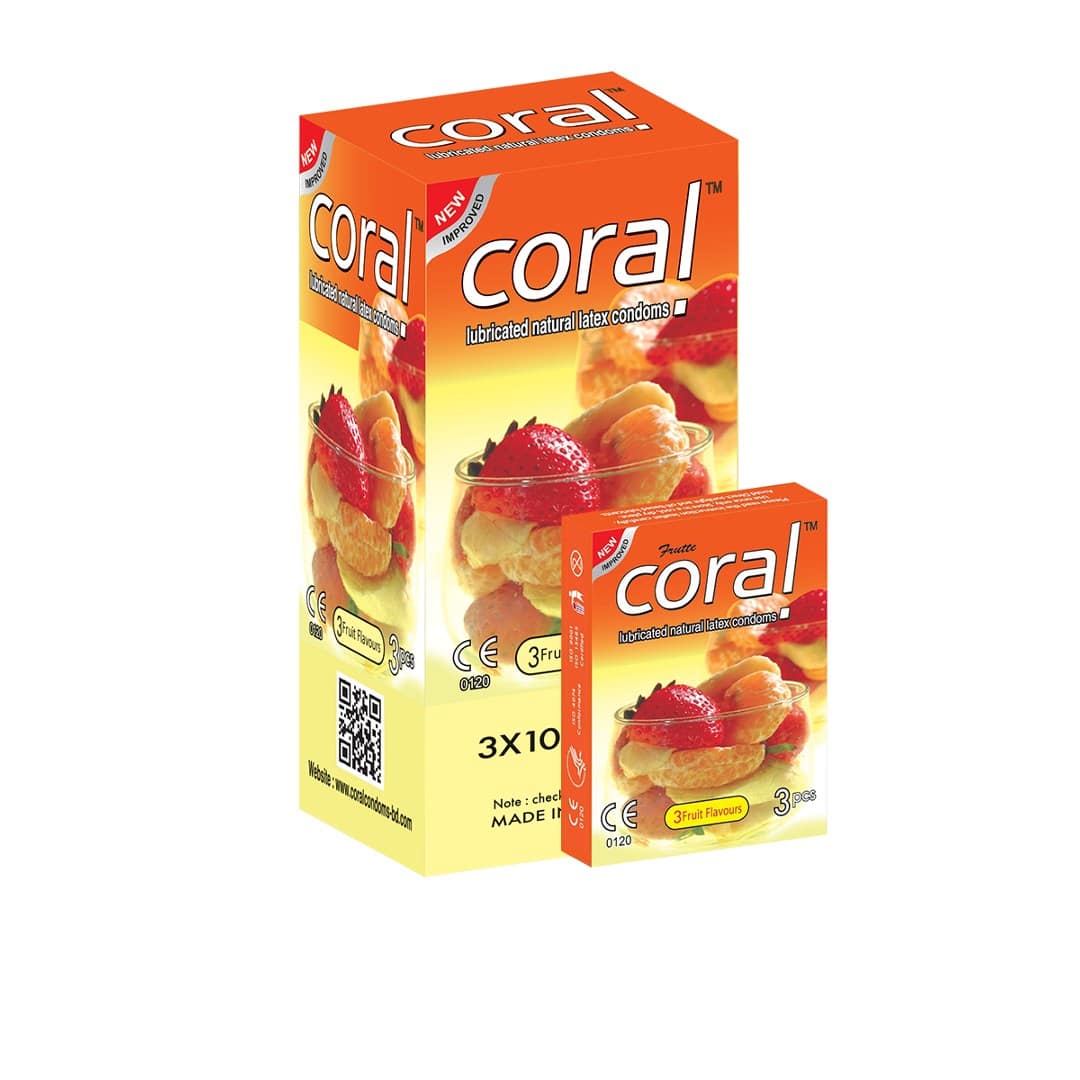 Coral 3 Fruits Flavors Lubricated Natural Latex Condoms Full Box (30 Pcs)