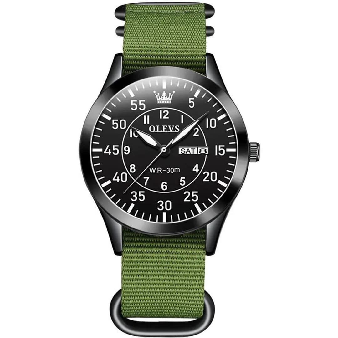 Olevs 9973 Day Date Nylon Strap Men’s Watch - Green Black