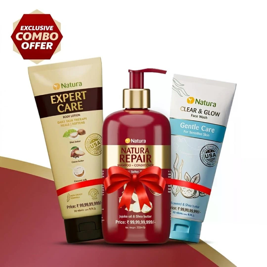 Natura Glow & Repair Combo - Repair Shampoo 330ml, Gentle Care Face Wash 100ml & Expert Care Body Lotion 200ml