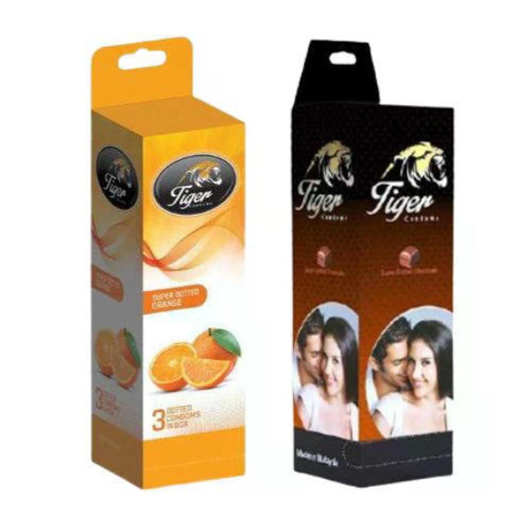 Tiger Super Dotted Flavoured Condom Combo Pack (Chocolate + Orange) – 2 Full Boxes (72 Pcs | 24 Packs)