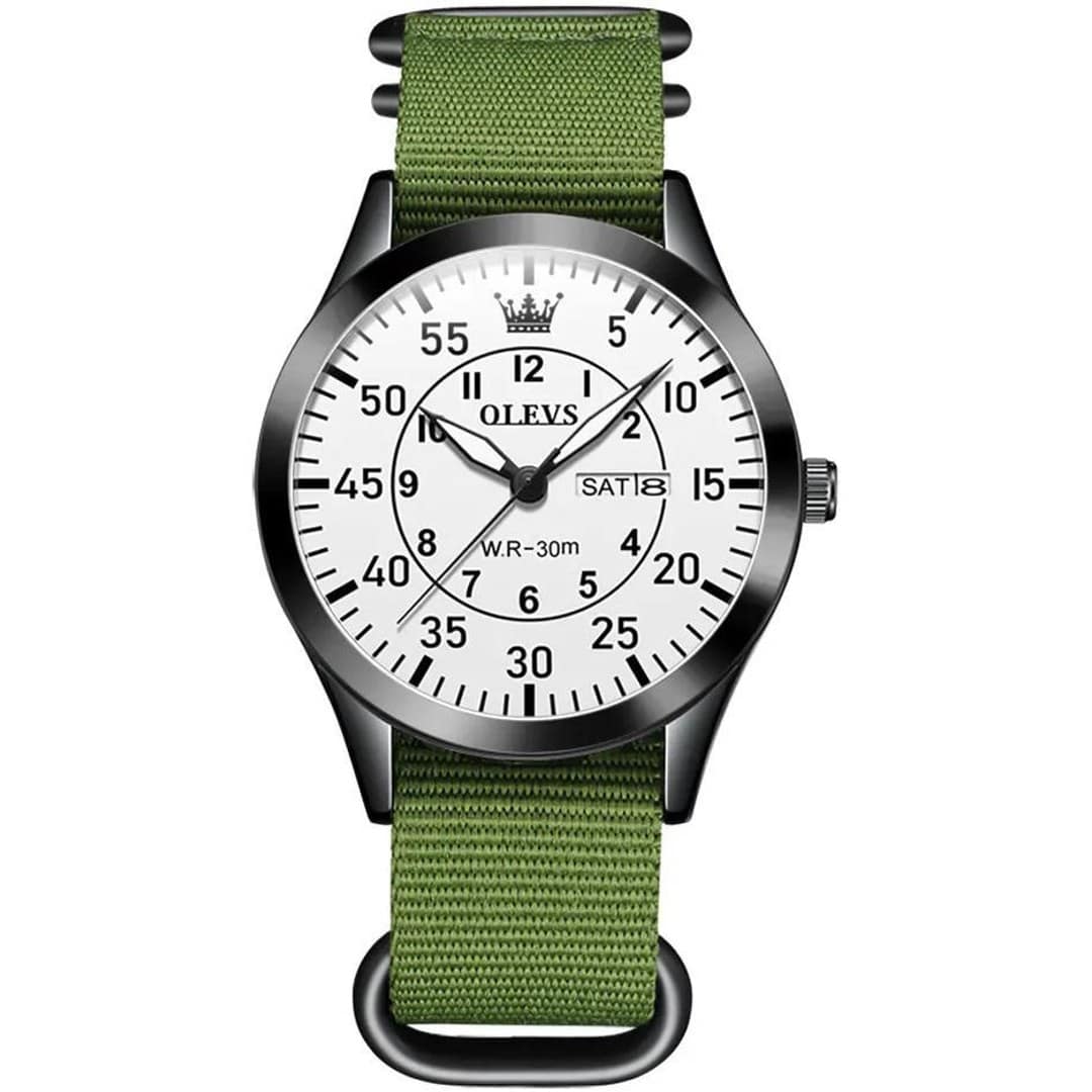 Olevs 9973 Day Date Nylon Strap Men’s Watch - Green White