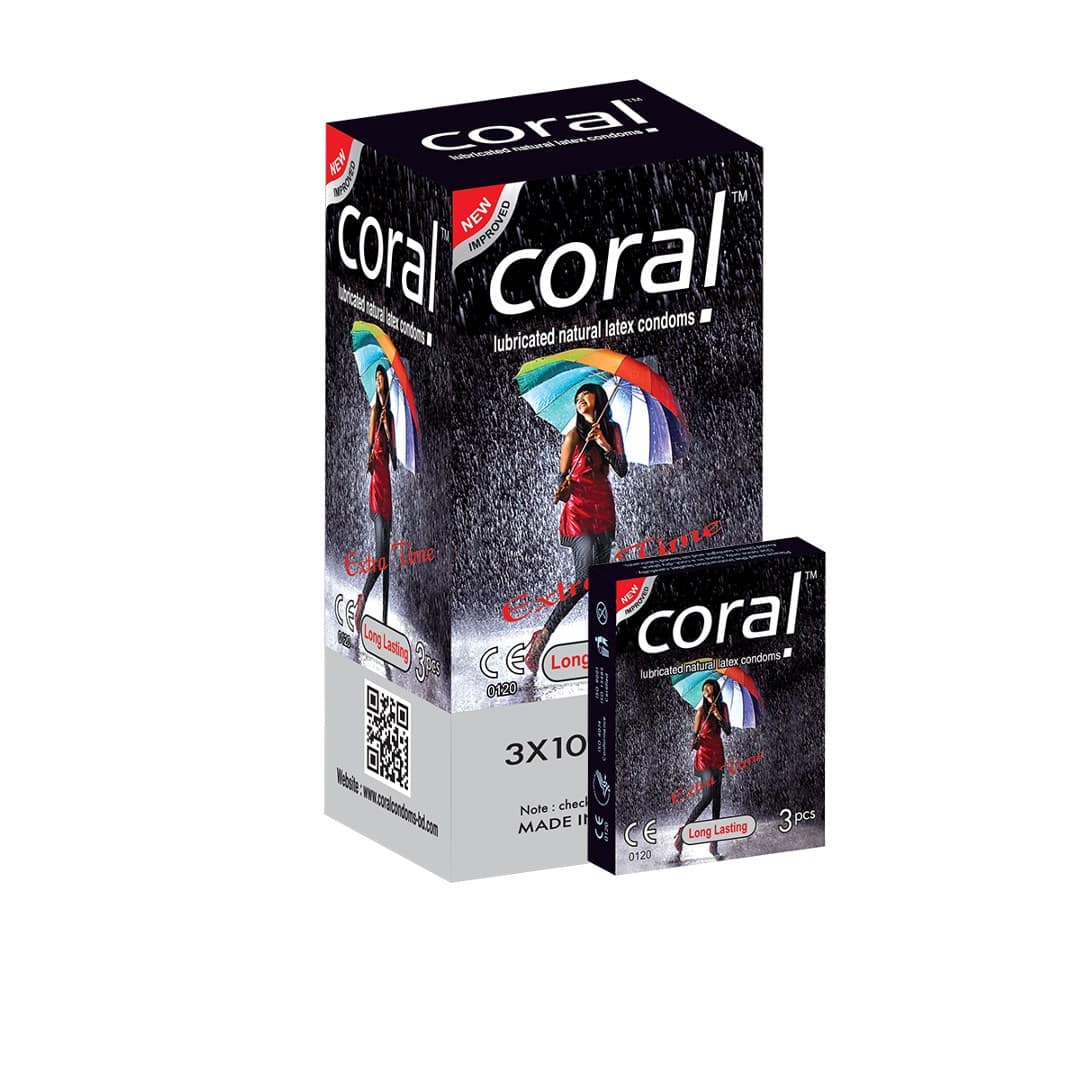 Coral Long Lasting Extra Time Lubricated Natural Latex Condoms Full Box (30 Pcs)