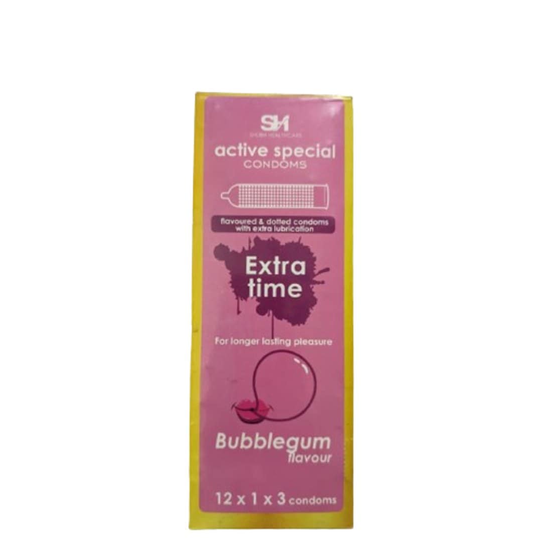 Active Condoms - Bubblegum Flavor Condom - Full Box - 3x12=36pcs Condom (Made in India)