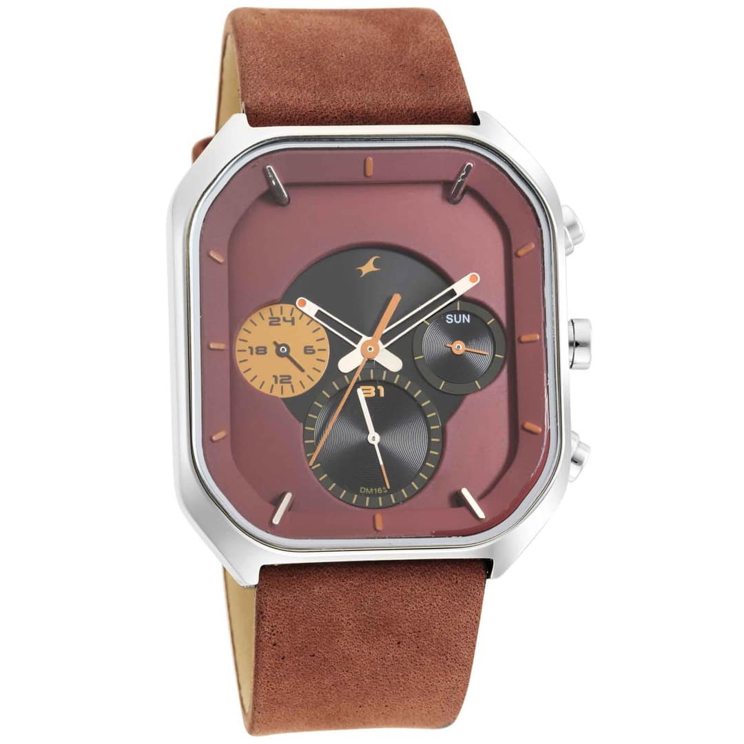 Fastrack 3270SL01 After Dark Quartz Analog with Day and Date Brown Dial Leather Strap Watch for Guys