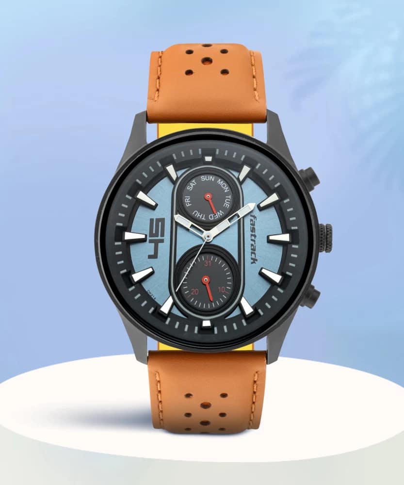Fastrack 3224NL02 Fastfit Quartz Analog with Day and Date Blue Dial Leather Strap Watch for Guys