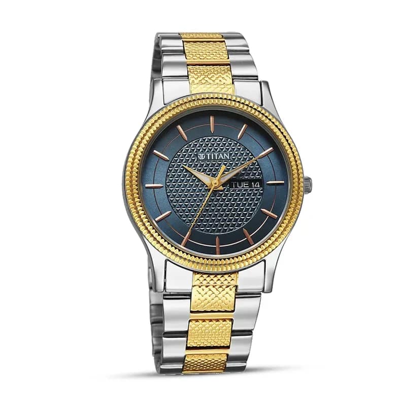 Titan Karishma Wedding Edit Quartz Analog with Day and Date Blue Dial Stainless Steel Strap Watch For Men 1650BM05