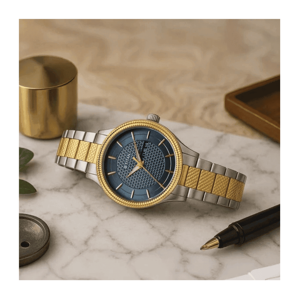 Titan Karishma Wedding Edit Quartz Analog with Day and Date Blue Dial Stainless Steel Strap Watch For Men 1650BM05